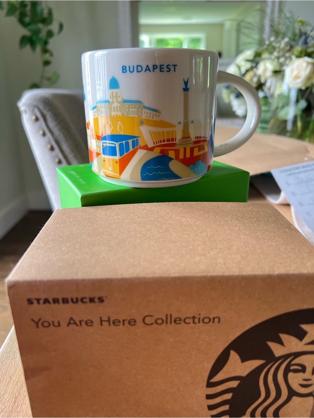 Starbucks Budapest Mug — White with Blue, Yellow & Orange Skyline